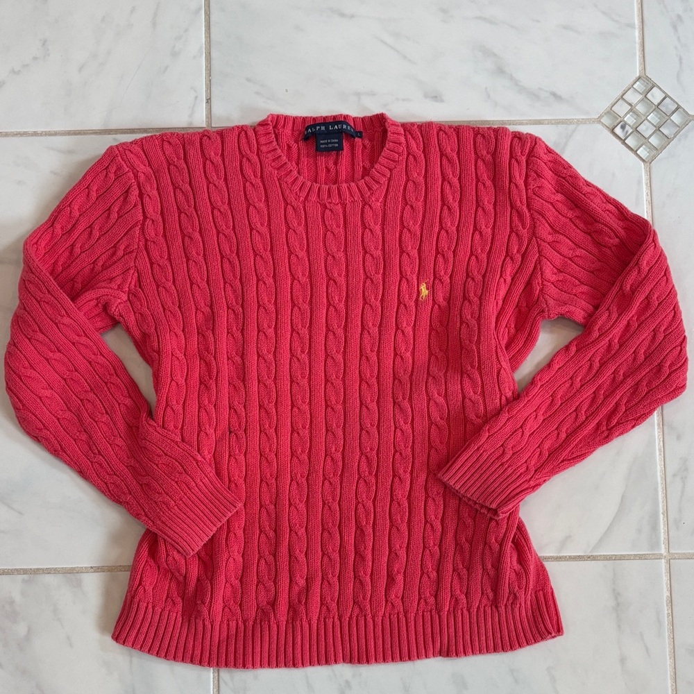 Ralph Lauren Women's Cable Knit Crewneck Sweater - Coral Pink with Yellow Pony